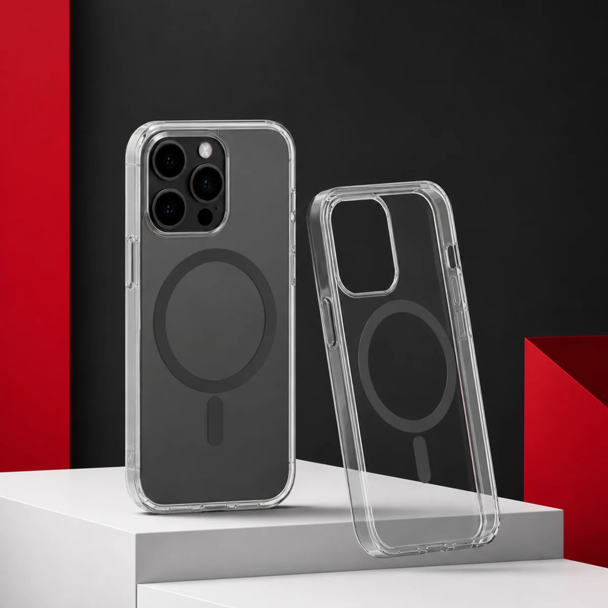 Fundas transparentes con el aro magnético integrado visible en la parte trasera.